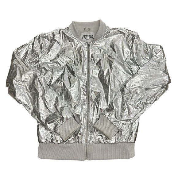 Victoria's Secret Sport Metallic Silver Bomber Jacket Women’s Size XS Y2K - Picture 2 of 6